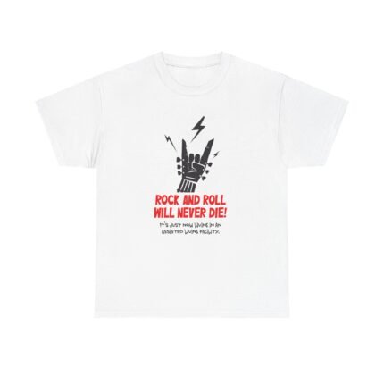 Rock and Roll T-Shirt — "Rock and Roll Will Never Die!" Guitar Hand Sign Tee