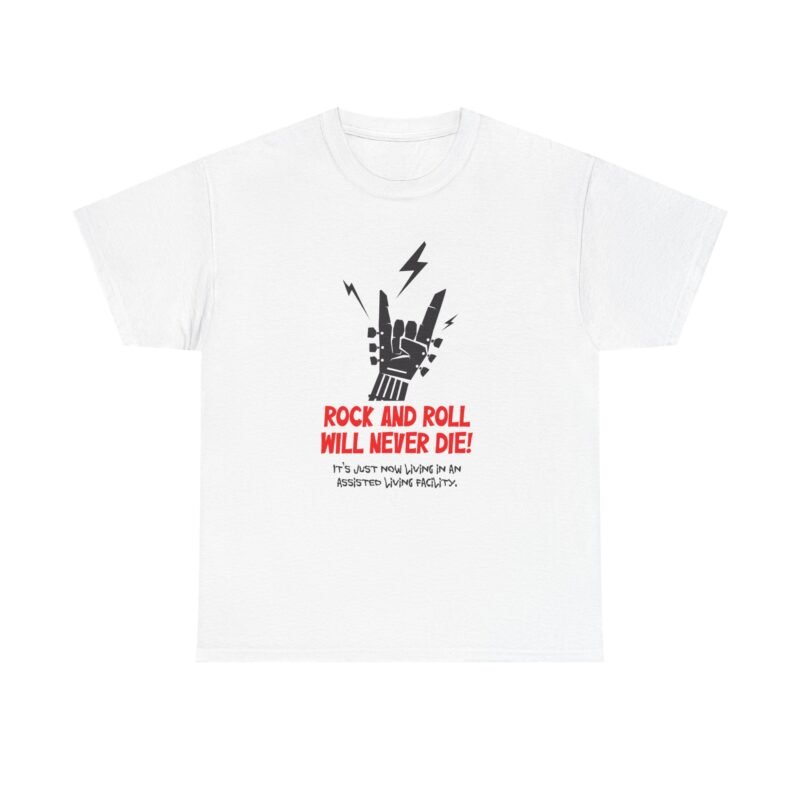 Rock and Roll T-Shirt — "Rock and Roll Will Never Die!" Guitar Hand Sign Tee